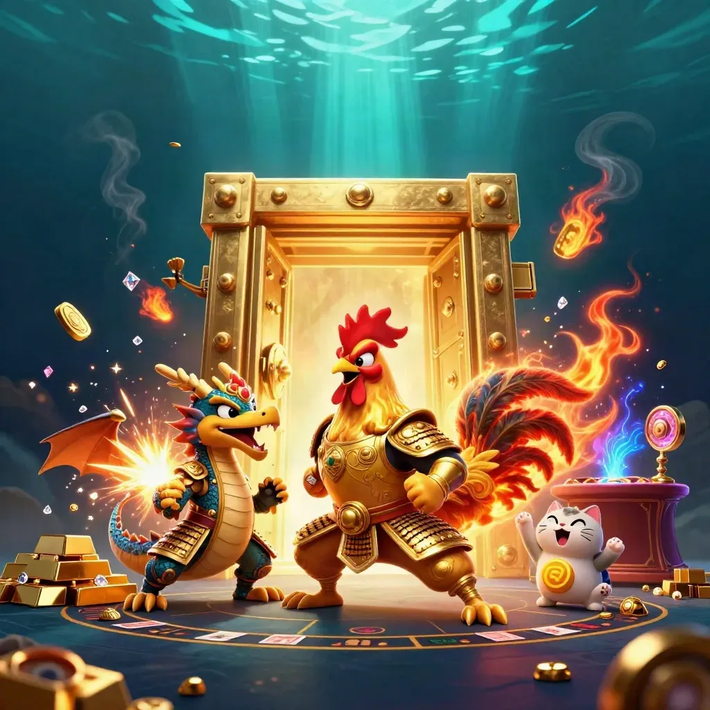 Rooster warrior, dragon hatchling and fortune-cat blast open a gold vault in neon casino glory