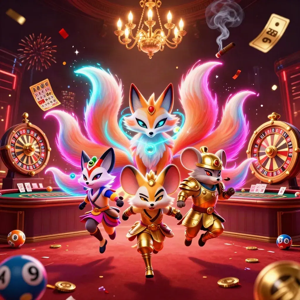 Neon fox spirit and samurai mouse in a luxury casino fantasy with orbs, brass and spinning lights