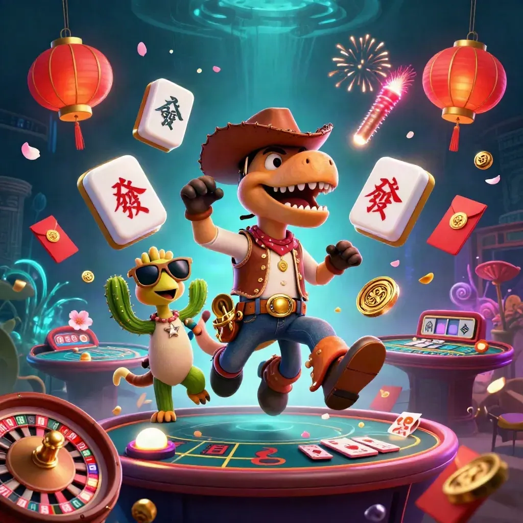 Cartoon T-Rex cowboy, cactus, and roadrunner amid neon casino props and glowing teal depths