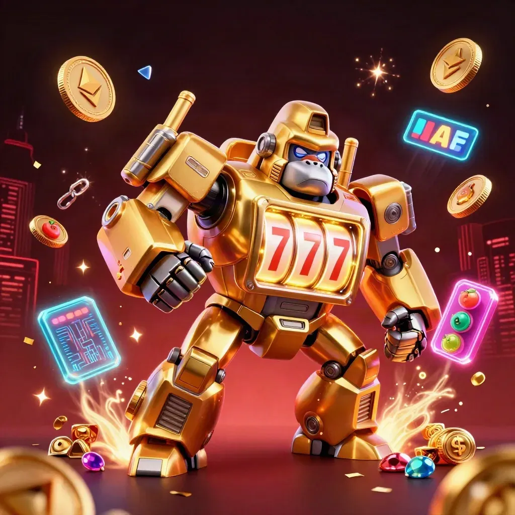 Golden gorilla mech with monkey pilot, neon coins, sparks, and casino energy in a dark red skyline.