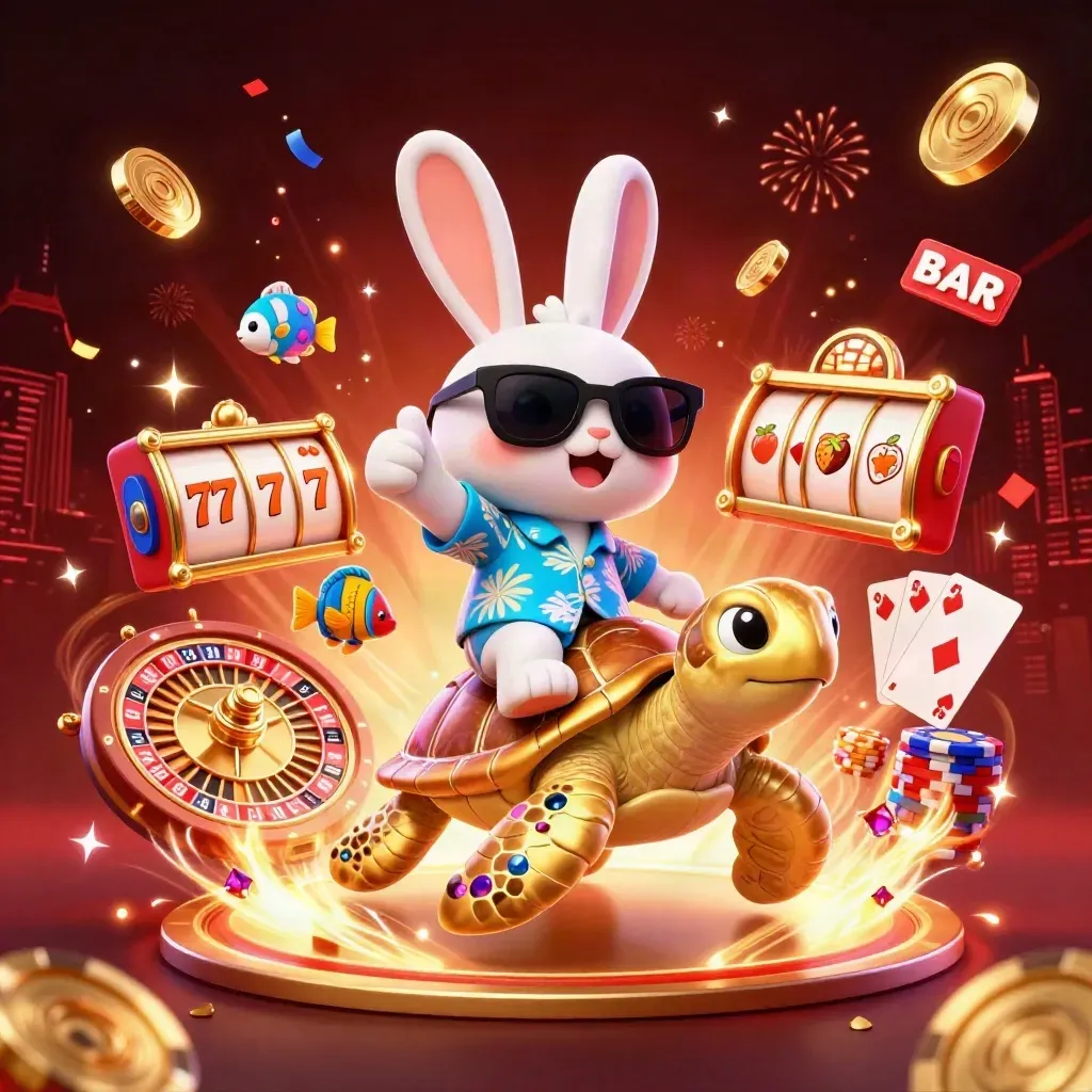 Lucky rabbit rides a jeweled sea turtle amid casino bursts, coins, cards, chips, and neon magic.