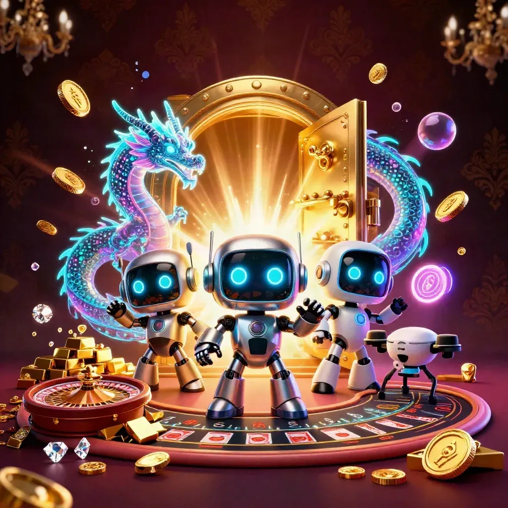 Cyberpunk robot, hologram dragon, and coin drone burst from a glowing vault with casino riches.
