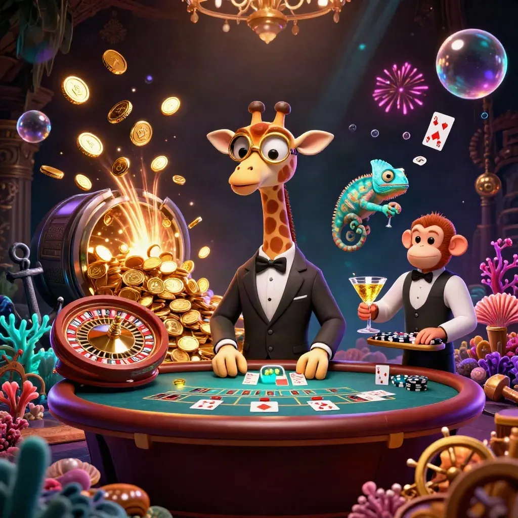Giraffe, monkey valet, and chameleon bartender amid coins, coral, cards, and neon casino glow.