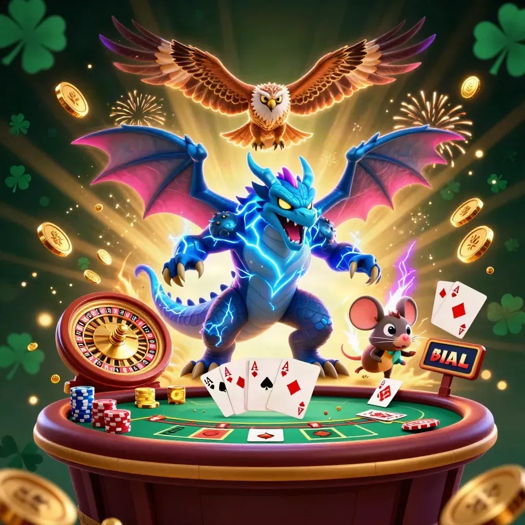 Thunder dragon, wind hawk, and static mouse amid casino gold, chips, and neon lightning.