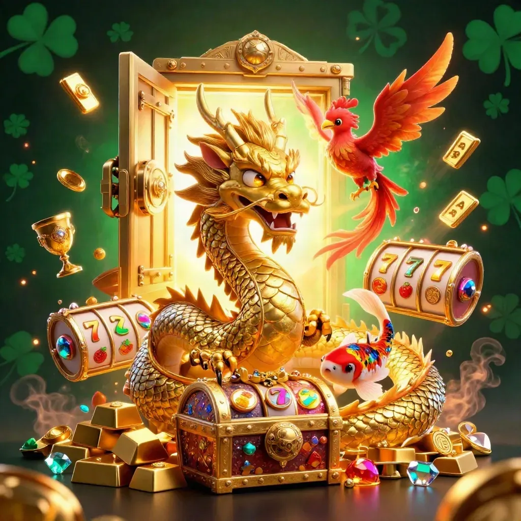 Golden dragon, red phoenix and koi amid treasure vault loot, reels, gems, and neon casino glow.
