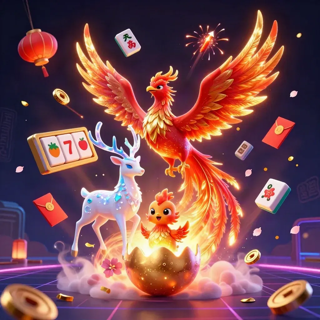 Fiery phoenix, hatchling, and crystal stag amid neon casino relics on a dark glowing grid.