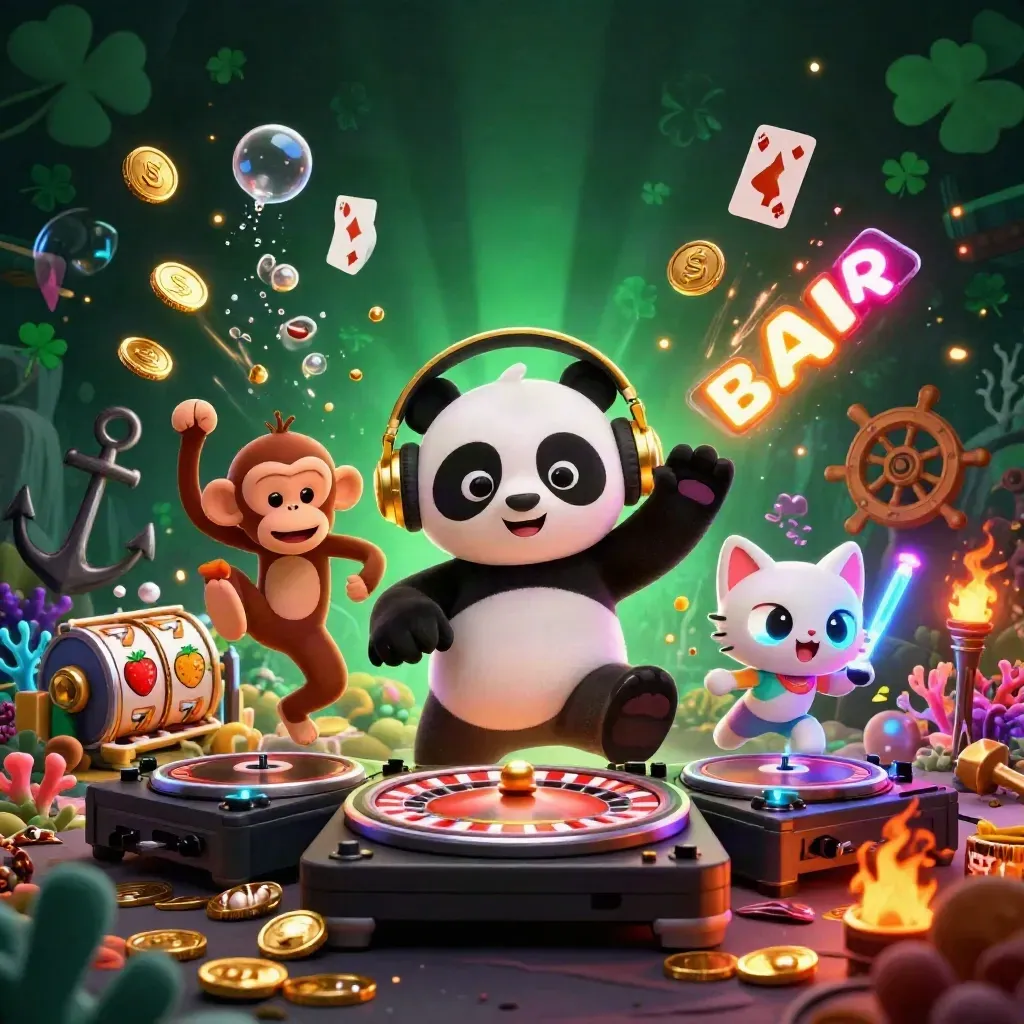 Neon panda DJ, breakdancing monkey and rave kitten amid casino treasure and glowing reels.